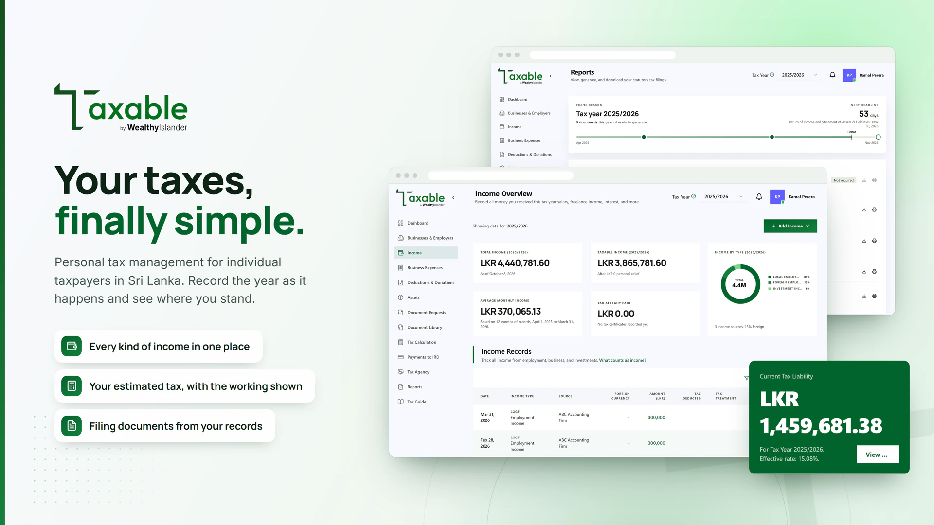 Taxable by WealthyIslander product artwork with income records, tax estimates and filing documents.