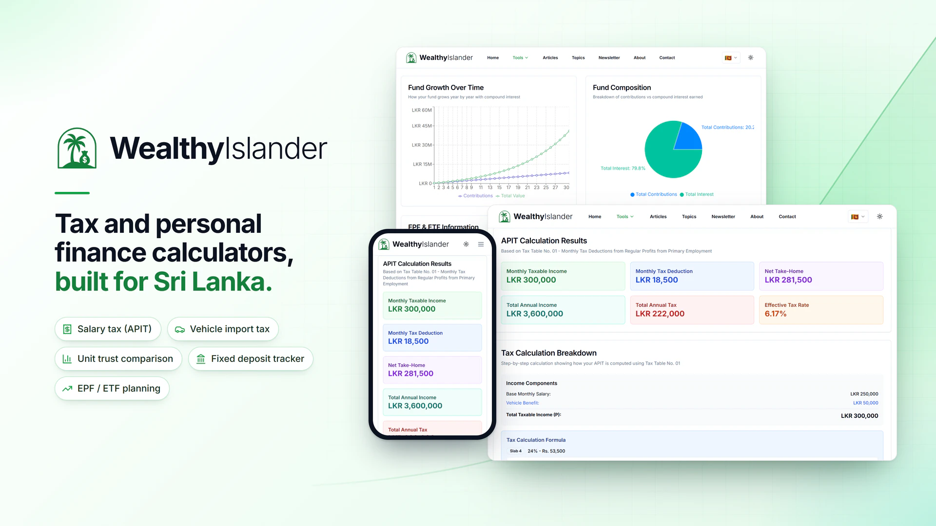 WealthyIslander product artwork showing salary-tax results and financial-planning charts.